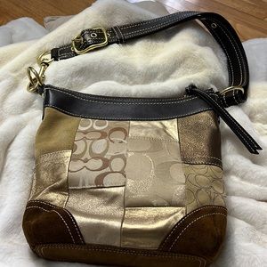 COACH Crossbody Shoulder Patchwork Brown-Beige-Gold Leather & Suede Bag